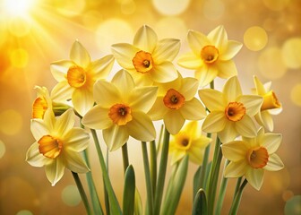 Vibrant yellow jonquil flowers with delicate petals and golden centers bloom against a soft, creamy background, creating a warm and inviting natural setting.