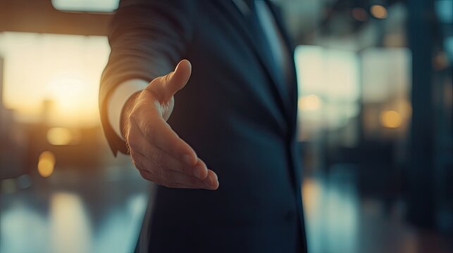Man in a suit extending his hand for a handshake, blurred office setting during the day, 