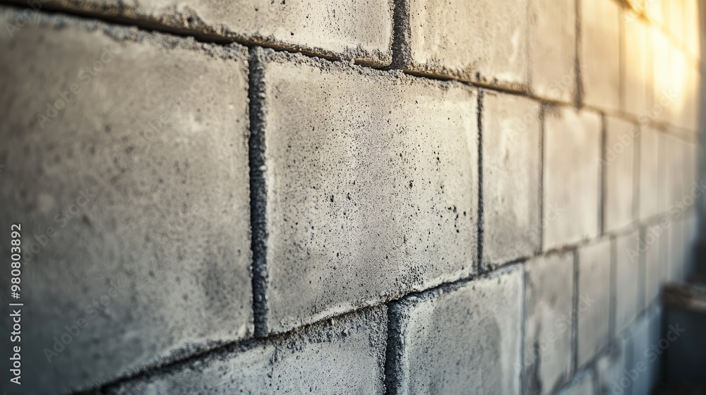Poster a close-up view of a concrete block wall being constructed, showcasing the texture and design of mod