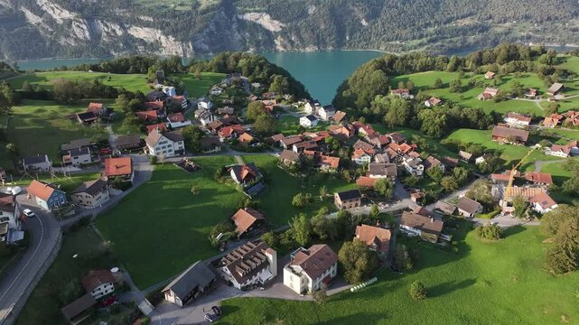 Aerial View Of Filzbach Town With Walensee Lake In Glarus, Switzerland.