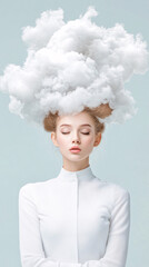 A woman with a cloud on her head. The cloud is white and fluffy. The woman is looking at the camera