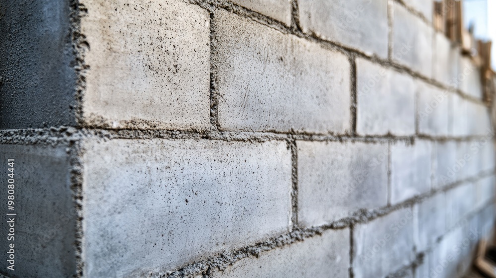 Poster a close-up view of a concrete block wall being constructed, showcasing the texture and design of mod