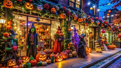 A spooky seasonal storefront in a bustling Bronx shopping center, adorned with creepy decorations and colorful lights,