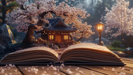 Fototapeta premium A book lying open on a wooden surface, with its pages transforming into a vivid, detailed landscape featuring a traditional Japanese temple surrounded by blooming cherry blossom trees.