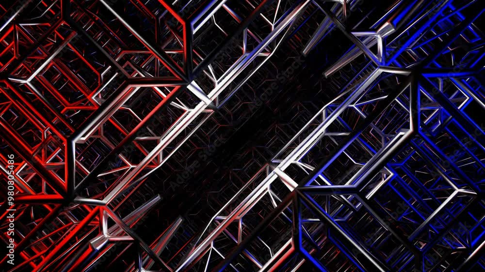 Poster endless camera flight through a dark abstract tunnel illuminated by red and blue light. 3d render. l