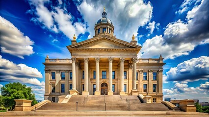 Fototapeta premium A stately stone courthouse with grand staircase and classical columns stands majestically against a bright blue sky