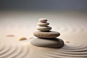 Balanced stones on sandy surface