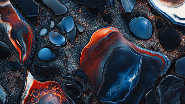 A vivid macro close-up of dark polished opal rocks with a gradient from deep blue to red and white, featuring intricate surface patterns and fluid shapes.