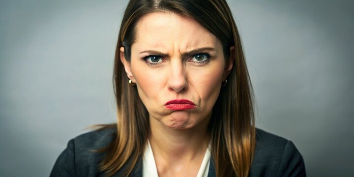 A stern-looking woman with a pinched face and pursed lips sits upright, eyes cast downward, exuding an air