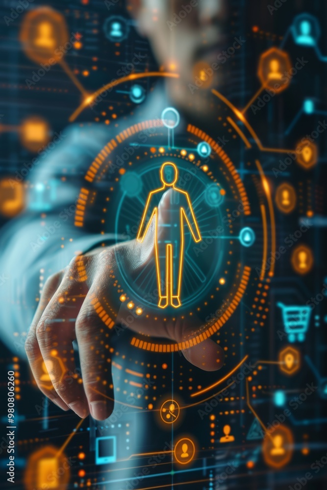 Poster a professional interacts with digital interface technology showcasing data visualization and human r