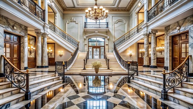 A stunning architectural masterpiece featuring a perfectly mirrored reflection of a grand staircase, showcasing