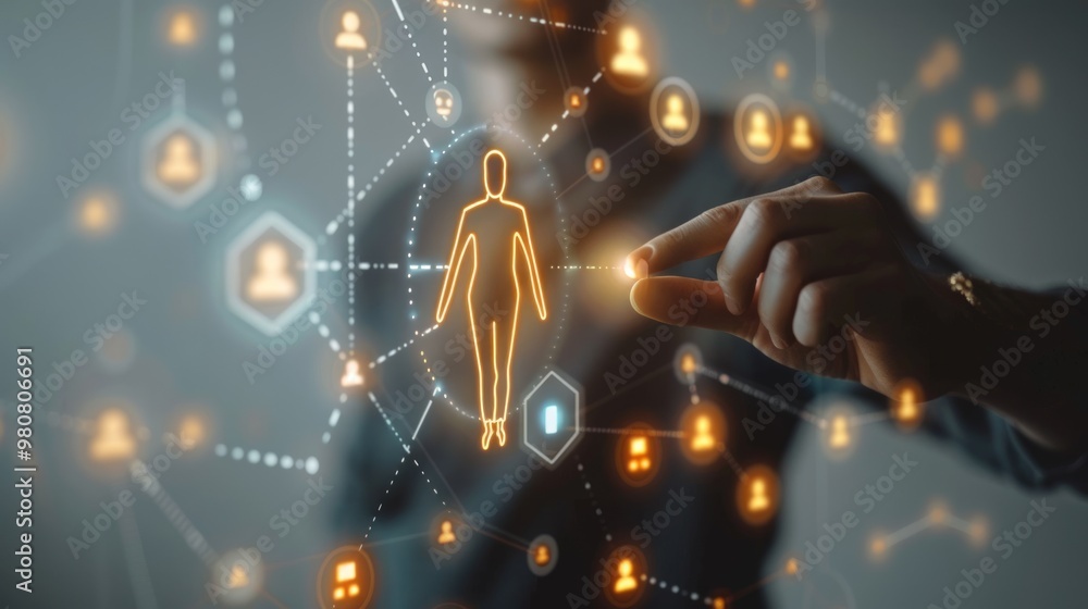 Aufkleber a person interacting with digital network icons representing human connections and data sharing in a