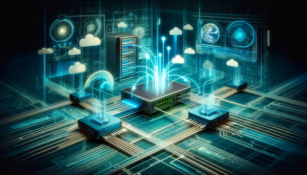 Futuristic network technology scene showcasing interconnected devices, servers, and data centers. High-tech cables