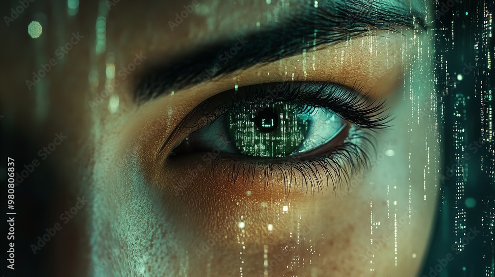 Aufkleber human eye with glowing binary code, and digital numbers, as a representation of a futuristic technol