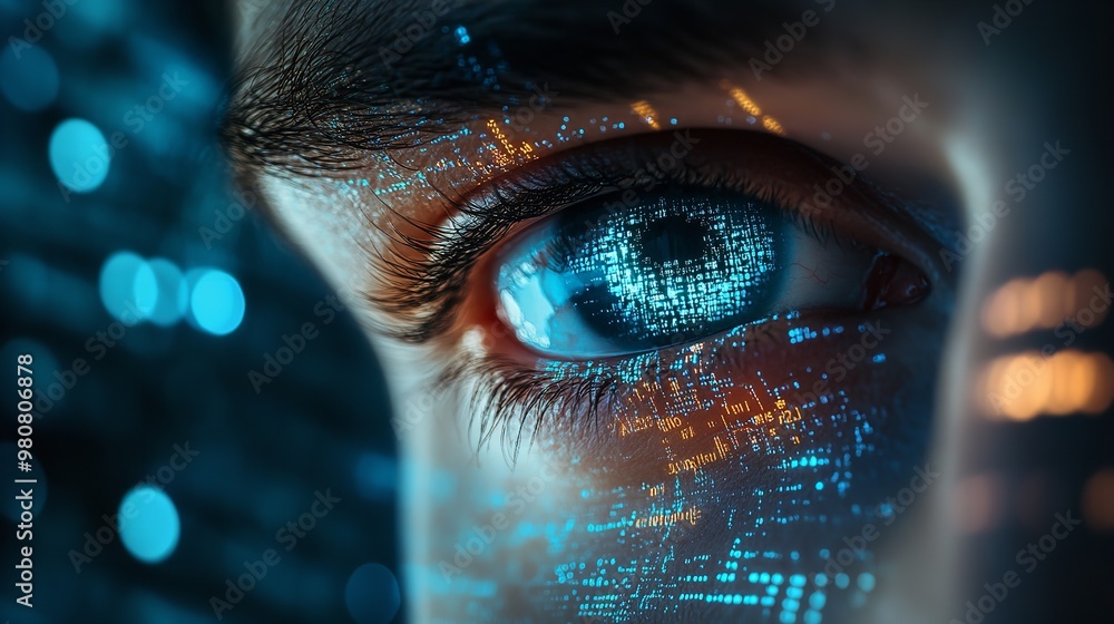 Aufkleber human eye with glowing binary code, and digital numbers, as a representation of a futuristic technol