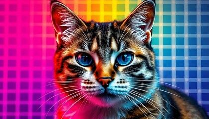 A close-up portrait of a colourful tabby cat
