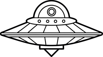 Outline Illustration of a UFO Spaceship with Futuristic Alien Design in Black and White