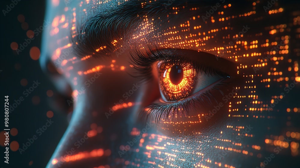 Aufkleber human eye with glowing binary code, and digital numbers, as a representation of a futuristic technol