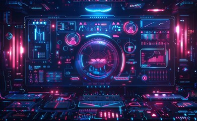 Obraz premium Futuristic digital interface with glowing data visualizations in vibrant colors set in a high-tech environment