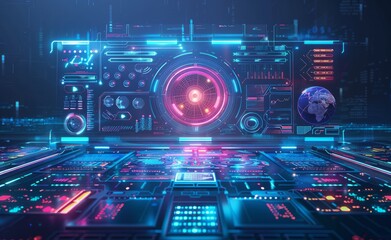 Obraz premium Futuristic digital interface with vibrant neon colors showcasing data visualization and global connectivity in a sci-fi setting