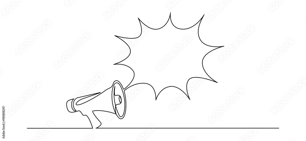 Aufkleber One continuous line drawing of loudspeaker bullhorn with speech balloon. Megaphone speaker symbol of marketing promotion in simple linear style. Hiring and job offer concept. Vector illustration