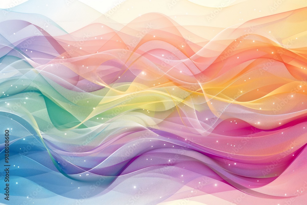 Poster colorful wave patterns intertwine harmoniously, creating an abstract art piece with a dreamy, soft t