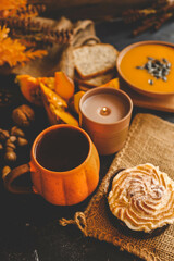 A cup of tea and pumpkin soup, autumn mood