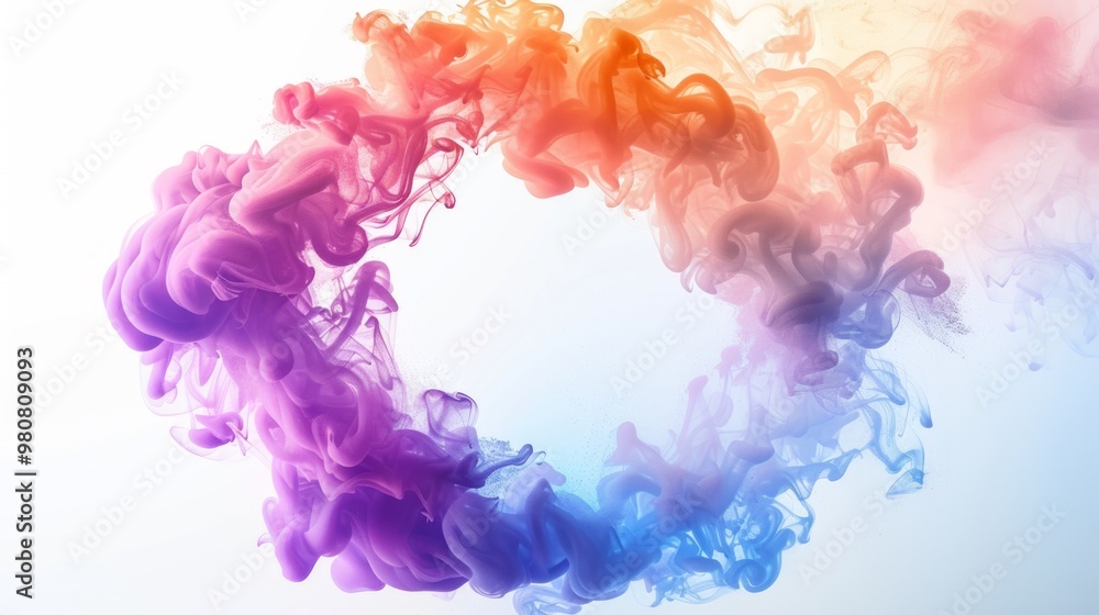 Poster colorful swirling smoke creating a circular pattern in a light background during an artistic demonst