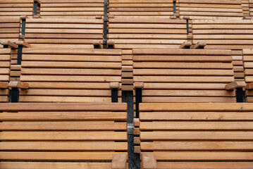 empty wooden classic park benches without people
