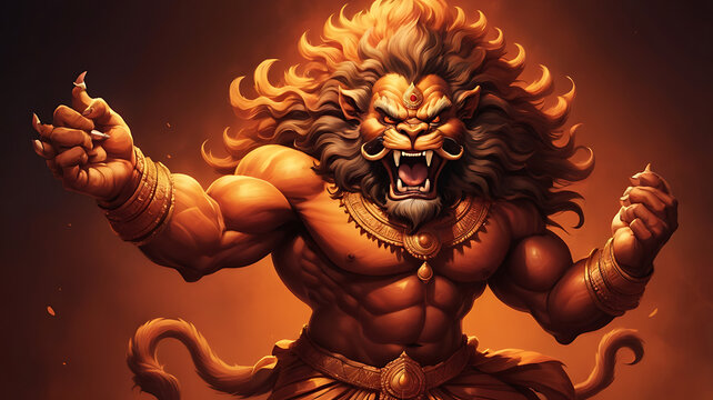 A cute cartoon version of Lord Narasimha, the fierce half-lion, half-human avatar of Vishnu, roaring with an angry expression, holding Hiranyakashipu in his claws, depicted on an isolated dark orange 