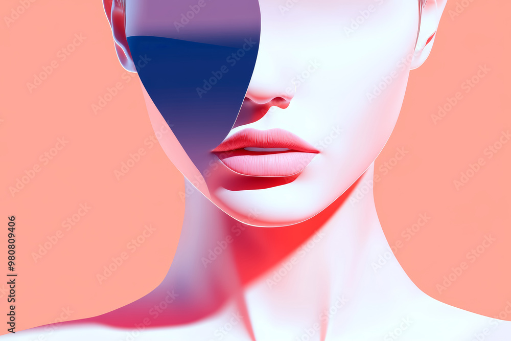 Poster abstract portrait of a woman with colored overlay in a minimalist style, creating a modern art effec