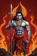 Fototapeta premium A cute cartoon version of Lord Veerabhadra, an angry form of Lord Shiva, wielding a large sword, surrounded by flames, standing on an isolated fiery red background.