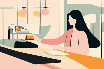 A woman paying at a modern cafe counter with a credit card, surrounded by warm lighting and a cozy atmosphere during daytime
