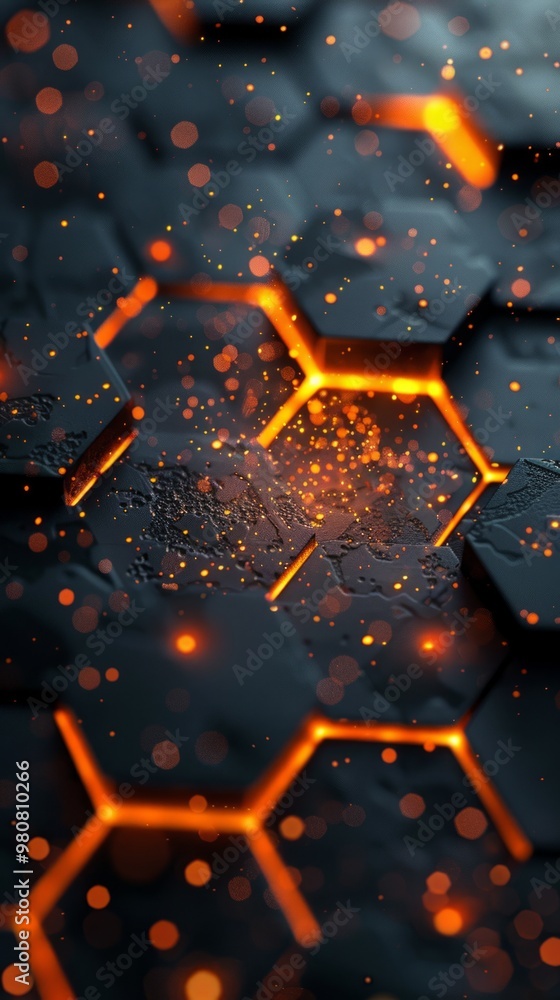 Poster glowing hexagonal patterns with fiery orange accents create a captivating abstract design in dark to