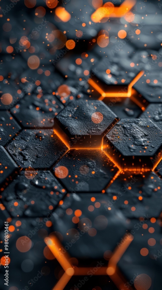 Poster a macro view of a futuristic hexagonal surface glowing with orange light amidst dark textures and vi