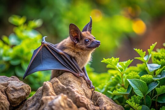 A tiny brown bat, wings folded, perches on a rocky outcropping, its large eyes gazing upward, surrounded by