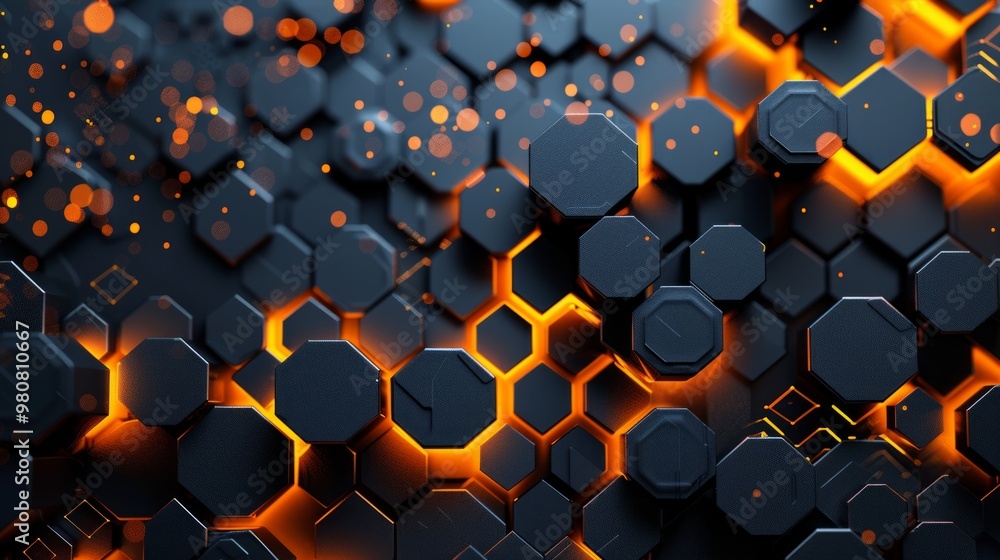 Poster abstract hexagonal pattern with glowing orange highlights set against a dark background