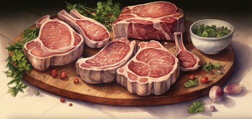 A selection of fresh, raw meats displayed on a wooden cutting board, garnished with herbs and spices for culinary inspiration.