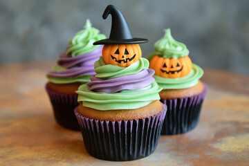 assortment of halloween cupcakes with green, purple, and orange frosting decorated with spooky elements