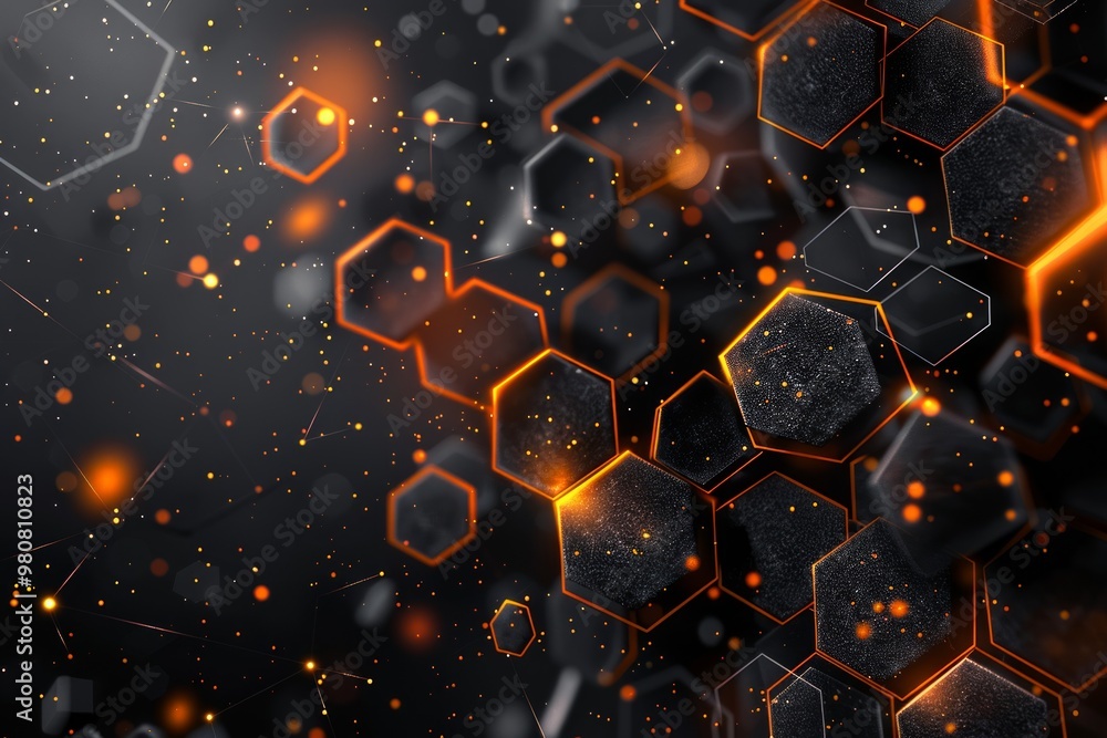 Poster abstract hexagonal shapes illuminated in orange and gold against a dark background, creating a dynam