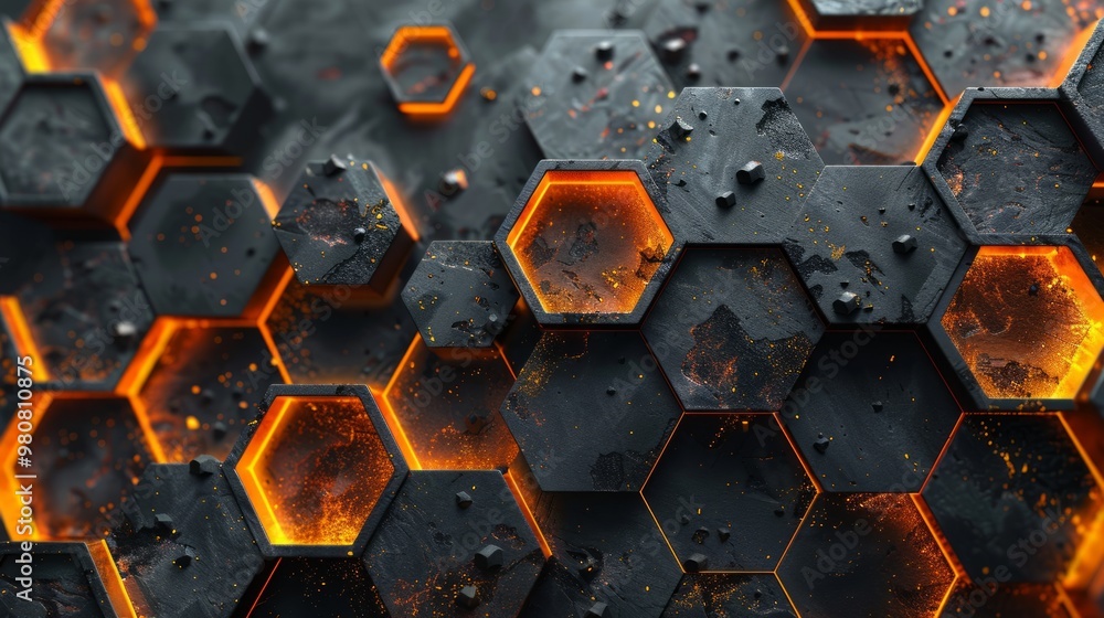 Aufkleber abstract hexagonal pattern with glowing edges, showcasing dark textures and fiery accents in a moder
