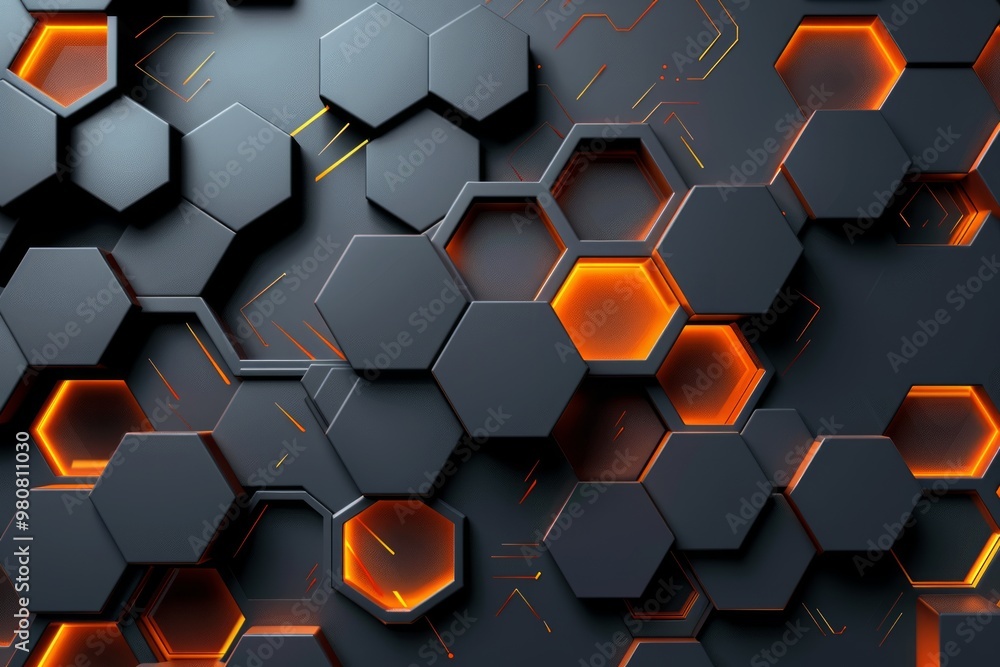 Aufkleber abstract black and orange hexagonal pattern with glowing accents on a dark background