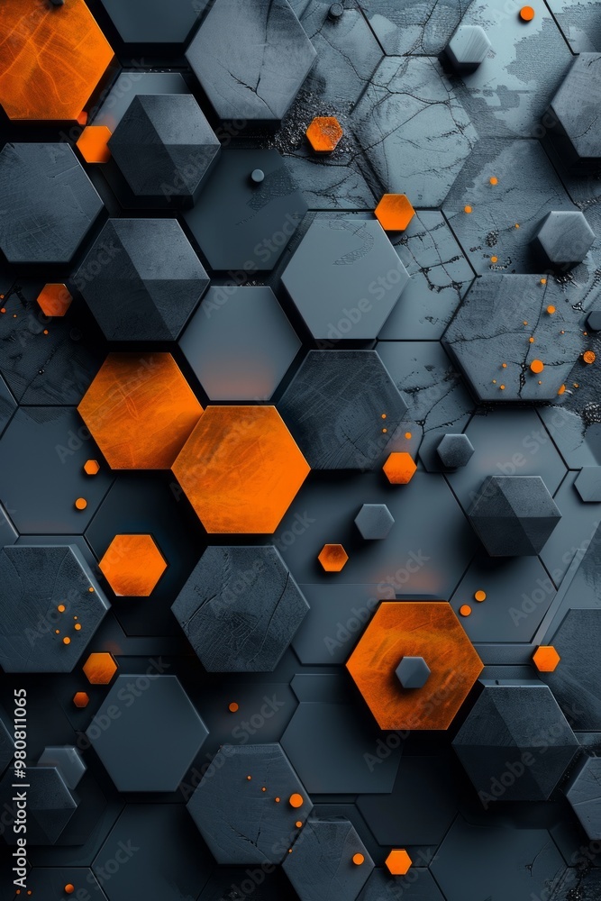 Poster abstract geometric pattern featuring hexagons in contrasting shades of gray and orange with a modern