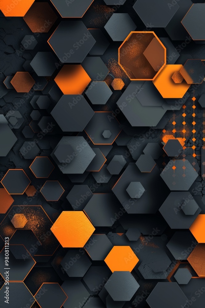 Poster modern abstract design featuring hexagonal shapes in black and orange tones, ideal for digital backg