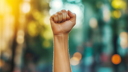 A raised fist symbolizing solidarity and defiance on blurred bokeh background protest event