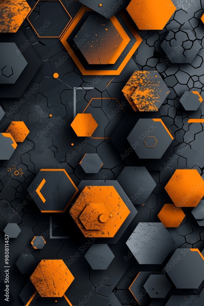 Poster a dynamic abstract design featuring hexagonal shapes in black and orange arranged artistically on a 
