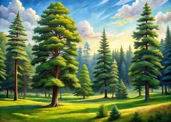 Fototapeta premium Serene hand-painted landscape of majestic pine trees standing tall in a lush green park, perfect for creative design projects, posters, banners, cards, magazines, and more.