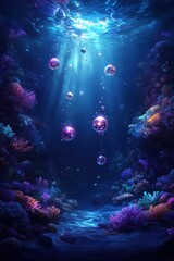 Fototapeta premium A vibrant underwater scene teeming with floating orbs of light
