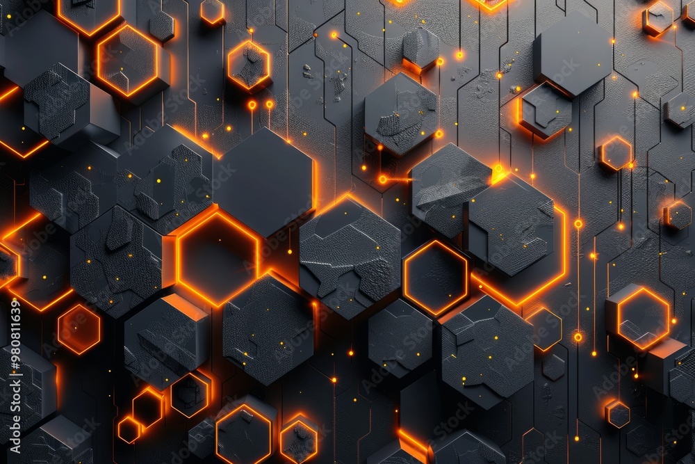 Poster abstract geometric pattern featuring textured hexagons and glowing lines on a dark background