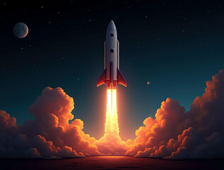 Space rocket launch, ship. Spaceship takes off in the starry sky. Rocket space ship